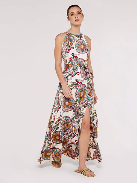 Maxikleid | Apricot Paisley Satin Halter Nk Max i Drs