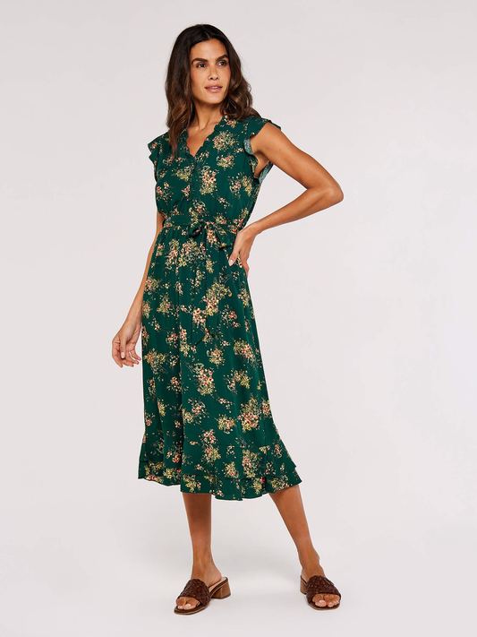 Apricot Floral Spray Ditsy Midi Dre ss