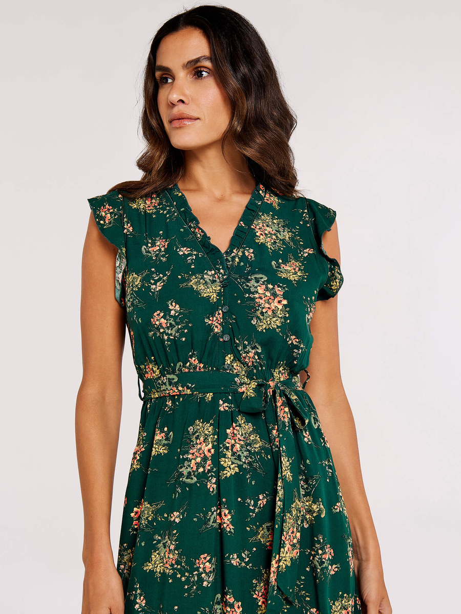 Apricot Floral Spray Ditsy Midi Dre ss