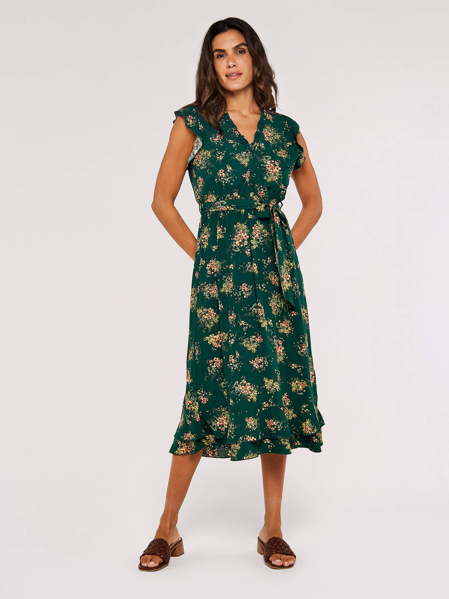 Apricot Floral Spray Ditsy Midi Dre ss