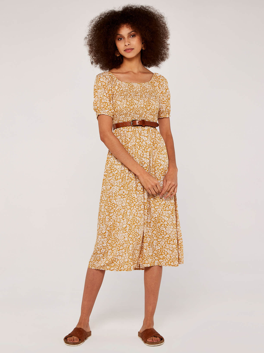 Apricot Ditsy Smock Puff Slv Midi D ress