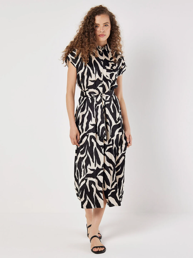 Satin-Midikleid | Apricot Texture Zebra Print Tie
