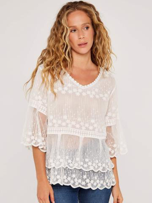Kurzarmbluse | Apricot Embroidered Cotton Mesh