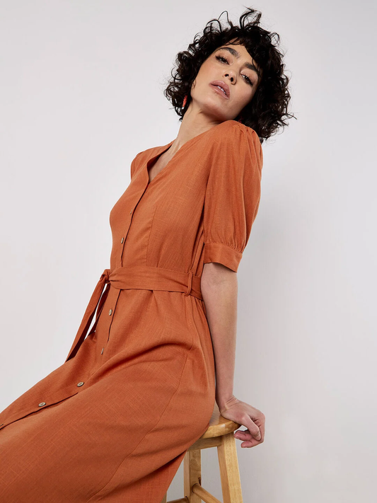 Midi-Kleid | Apricot Grandad Collar Lin-Mix