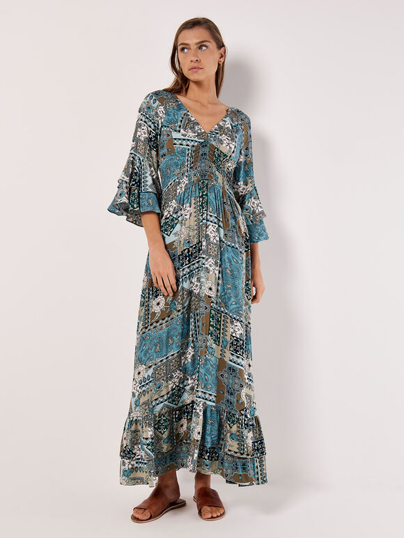 Maxikleid | Apricot V Neck Scarf Print in blaugemustert