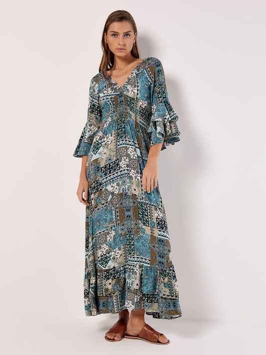 Maxikleid | Apricot V Neck Scarf Print in blaugemustert