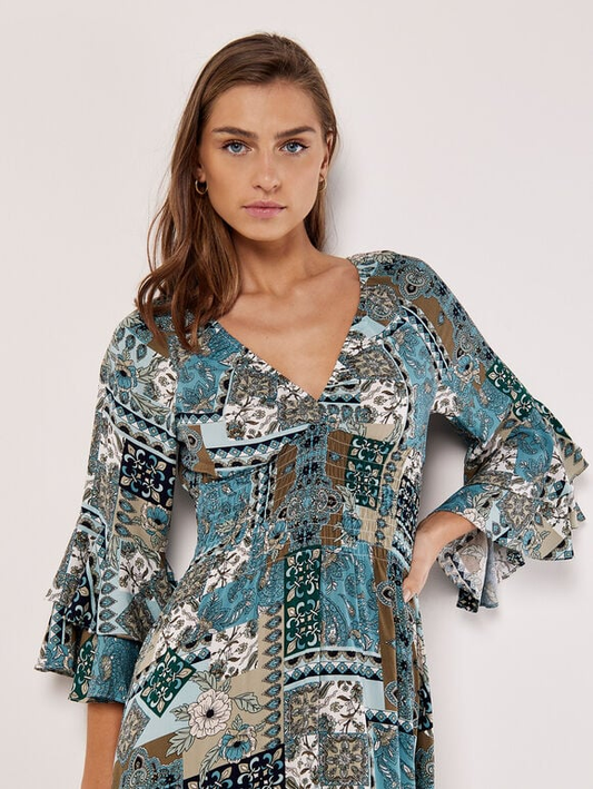 Maxikleid | Apricot V Neck Scarf Print in blaugemustert