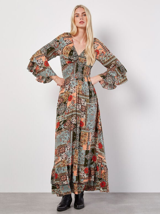 Maxikleid  | V Neck Scarf Print Orange-gemustert | Apricot