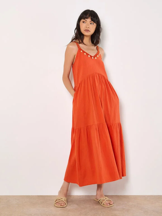 Midikleid aus Baumwolle mit Stickerei | Apricot