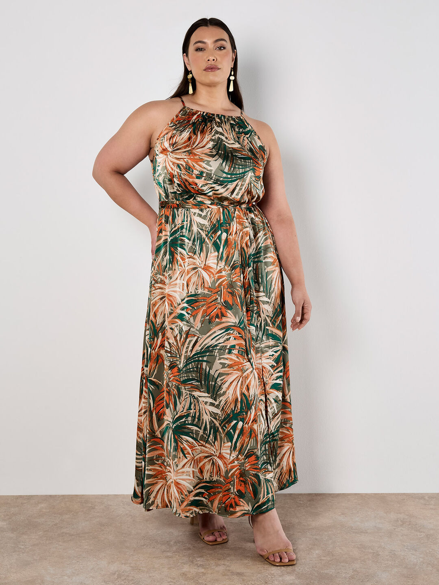 Satin-Maxikleid | Apricot Painterly Tropical