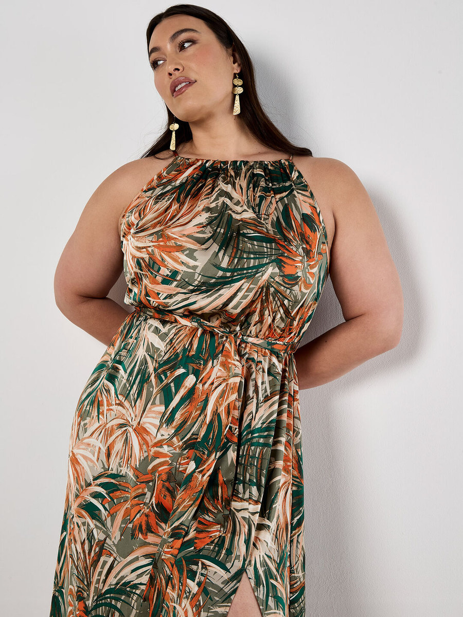 Satin-Maxikleid | Apricot Painterly Tropical