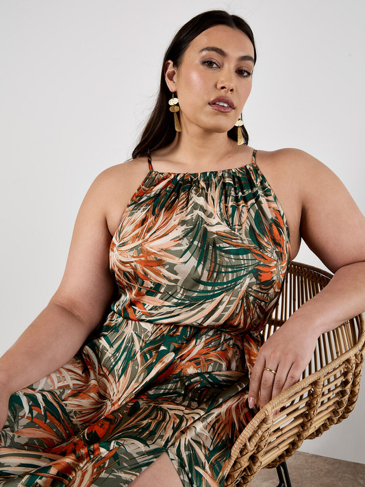 Satin-Maxikleid | Apricot Painterly Tropical