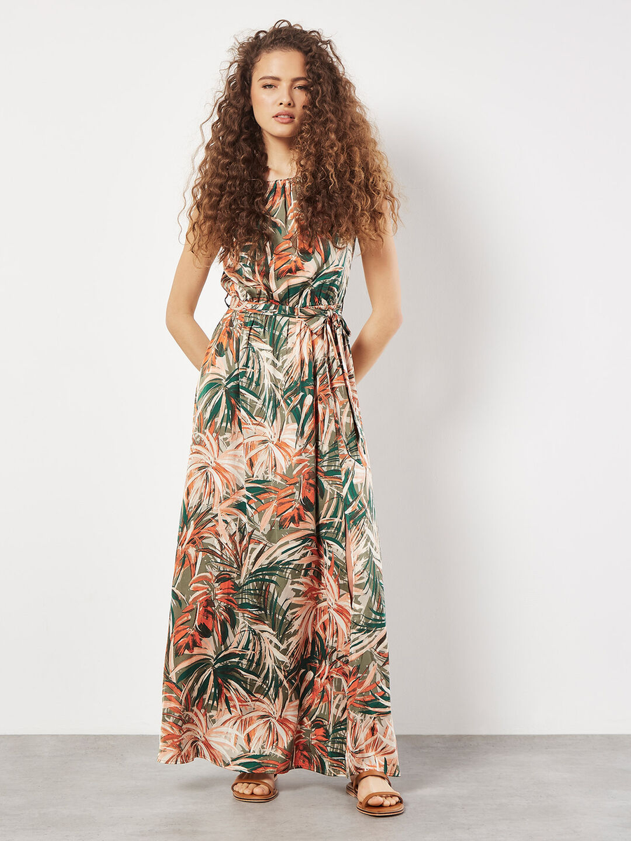 Satin-Maxikleid | Apricot Painterly Tropical
