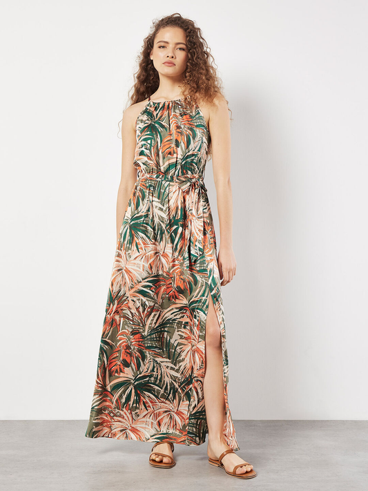 Satin-Maxikleid | Apricot Painterly Tropical