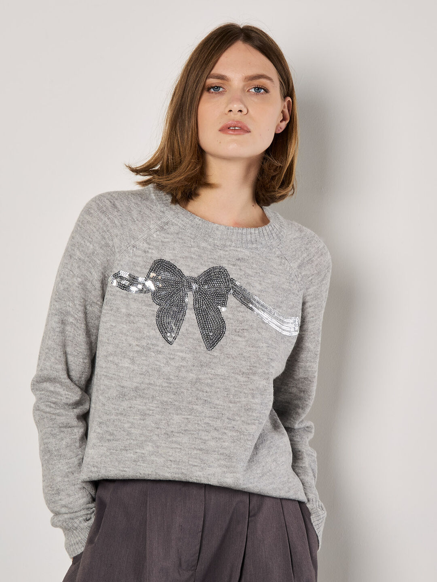 Pullover mit Pailletten-Schleife | Apricot