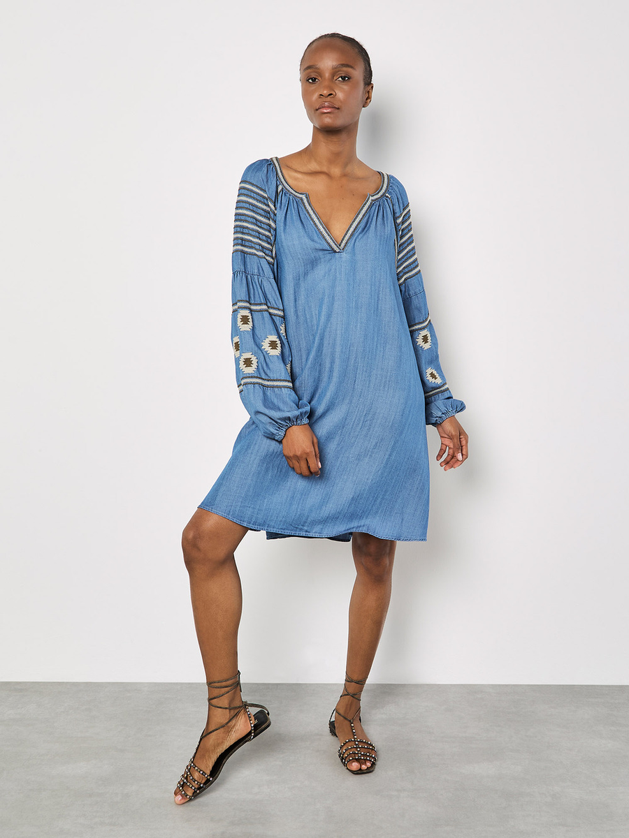 Jeans-Minikleid bestickt | Apricot