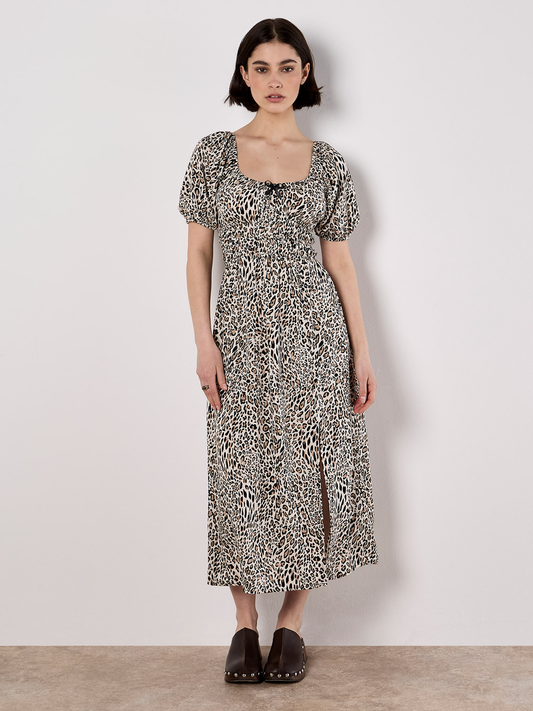 Midikleid mit Animal-Print & Milchmädchen-Ausschnitt | Apricot