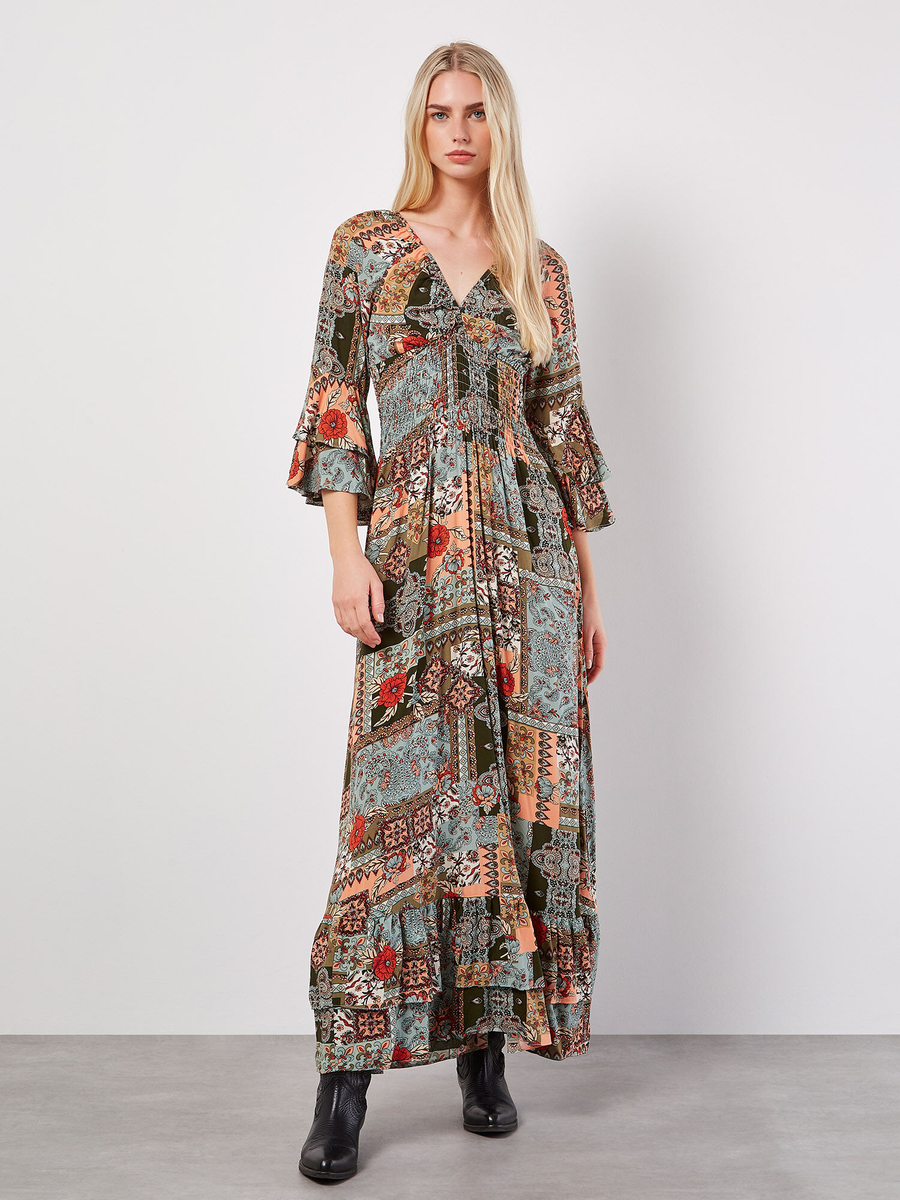 Maxikleid  | V Neck Scarf Print Orange-gemustert | Apricot