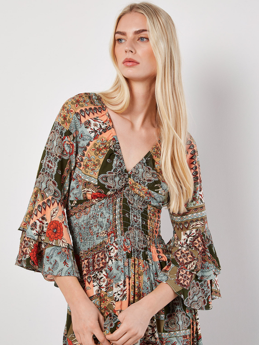 Maxikleid  | V Neck Scarf Print Orange-gemustert | Apricot