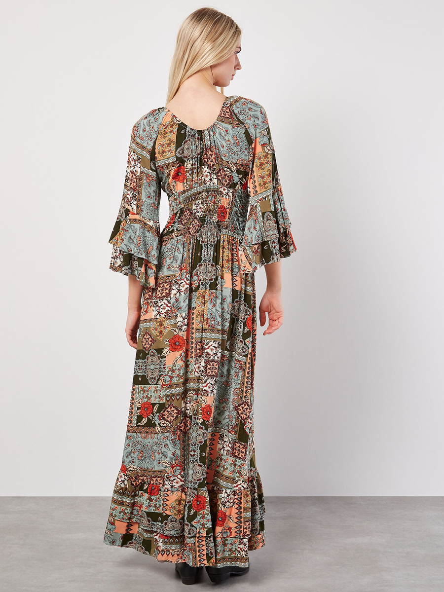 Maxikleid  | V Neck Scarf Print Orange-gemustert | Apricot