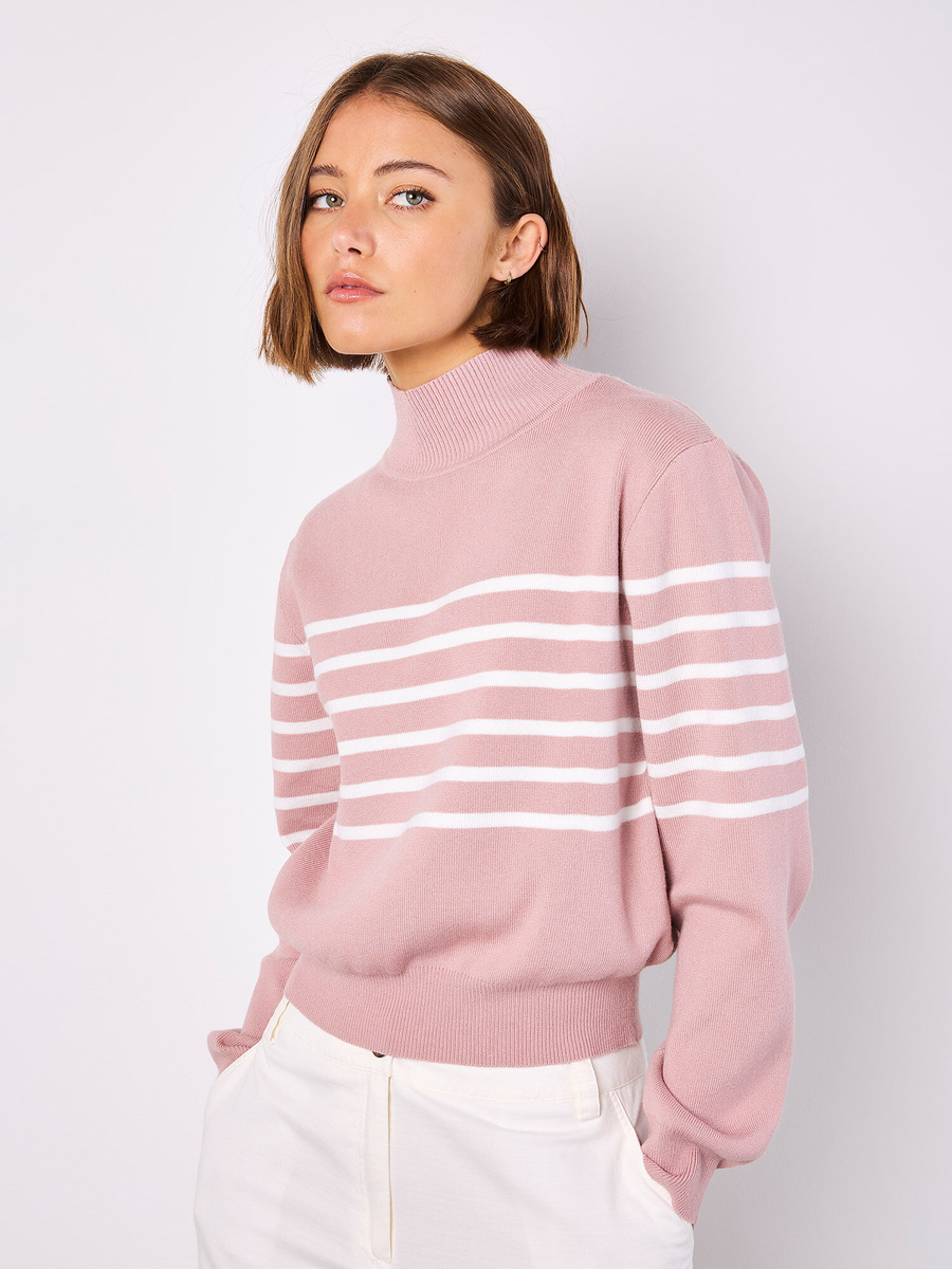 Feinstrick-Pullover mit Streifendetail in Rosé