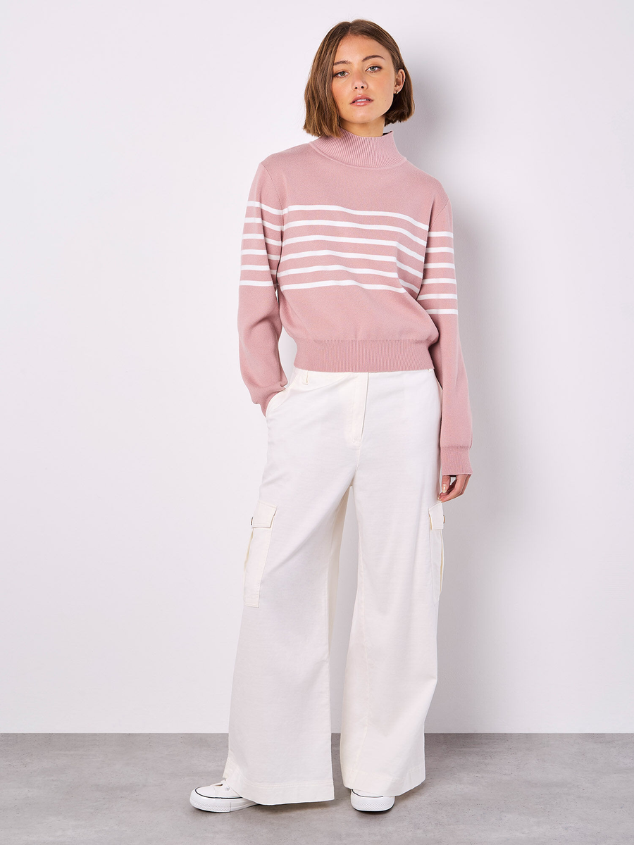 Feinstrick-Pullover mit Streifendetail in Rosé