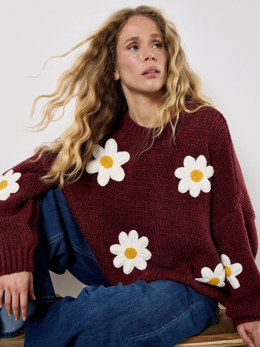 Pullover mit gestickten Gänseblümchen | Apricot