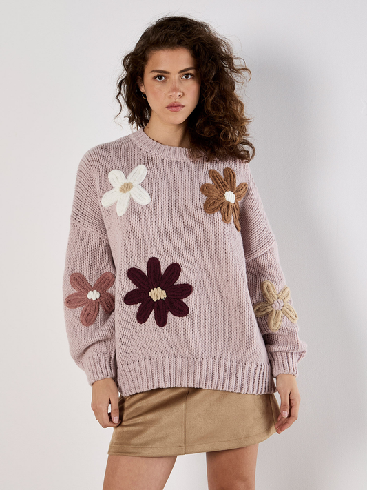 Pullover mit Blumenstickerei | Apricot