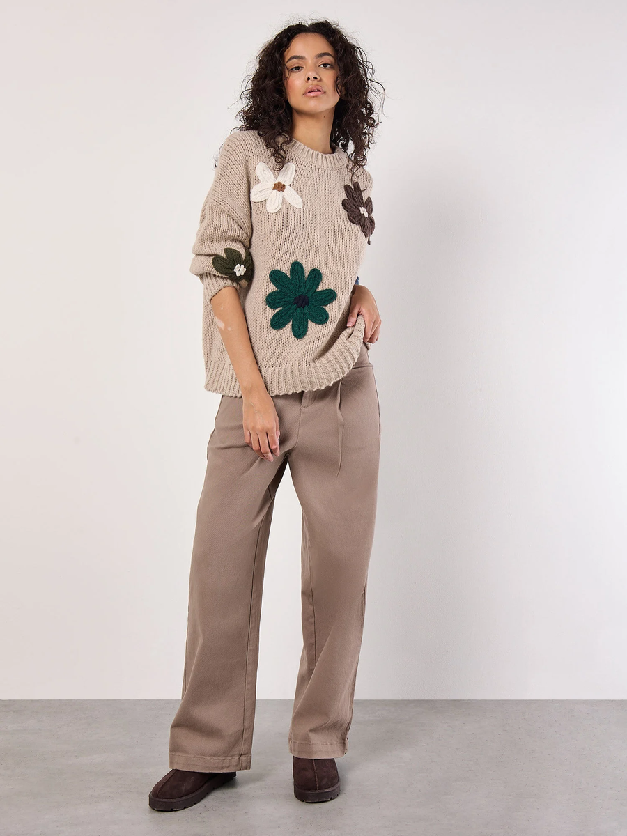 Pullover mit Blumenstickerei | Apricot