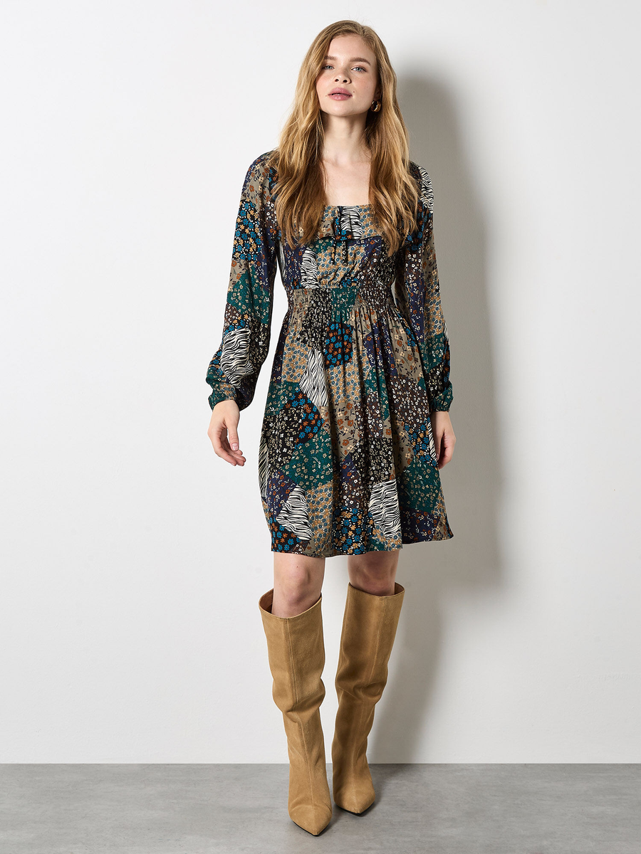 Boho-Minikleid mit Patchwork-Print | Apricot