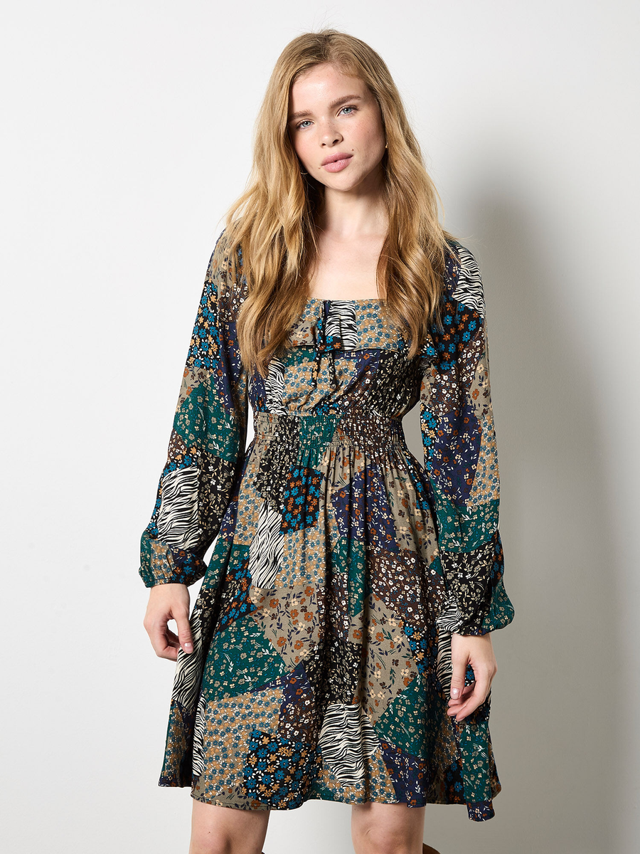 Boho-Minikleid mit Patchwork-Print | Apricot