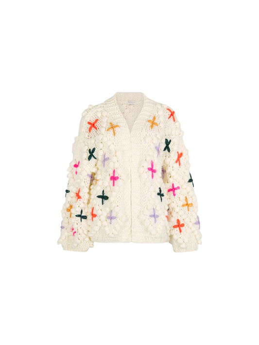 Grobstrick-Cardigan mit 3D-Blumen | Apricot