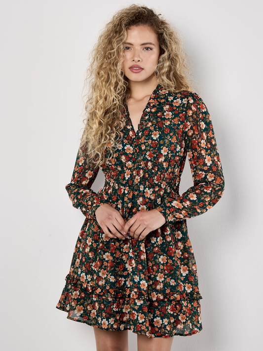 Mini-Blümchen-Kleid "Painterly Floral Ruffle Dress" | Apricot