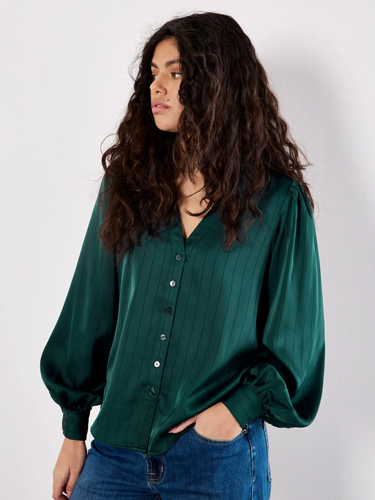 Grüne Satin-Bluse mit Webstreifen | Apricot