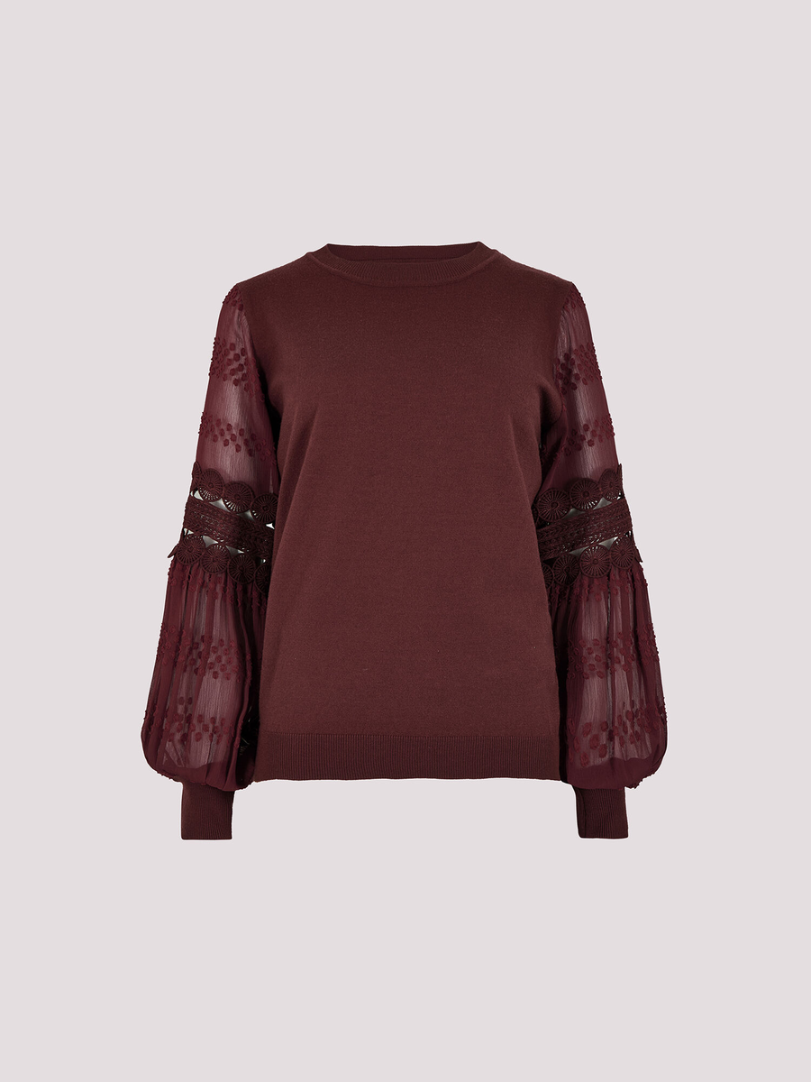 Pullover mit kontrastierenden Ärmeln in Weinrot "Chiffon Crochet Sleeves Jumper" | Apricot