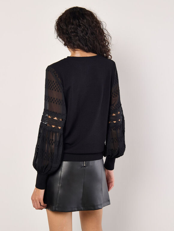 Pullover mit kontrastierenden Ärmeln in Schwarz "Chiffon Crochet Sleeves Jumper" | Apricot