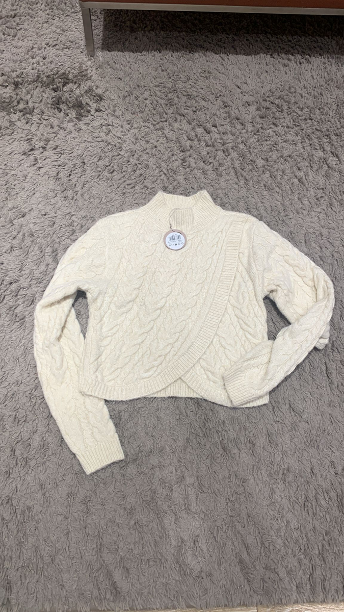 Wickelpullover mit Zopfmuster in Natur "Cable Knit Mock Neck" | Apricot