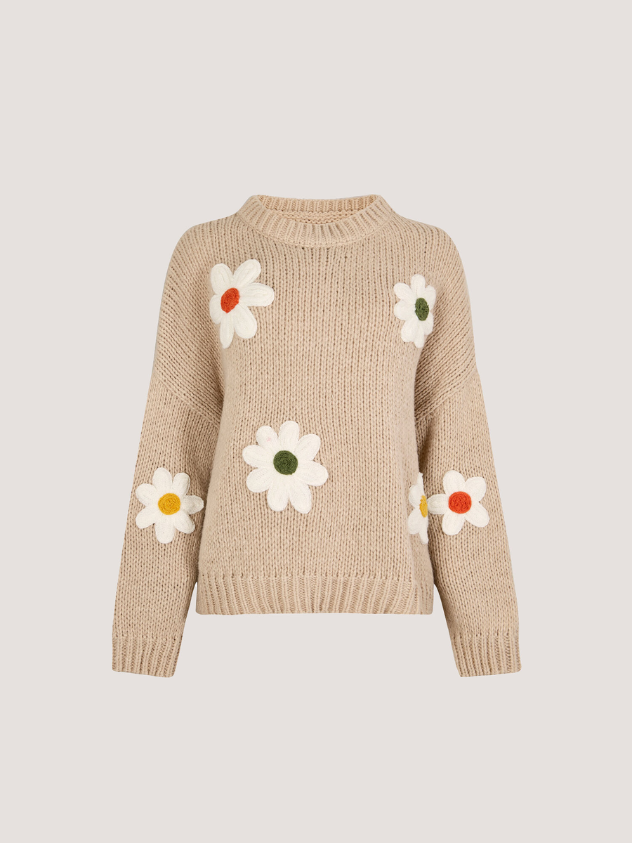 Pullover mit gestickten Gänseblümchen | Apricot