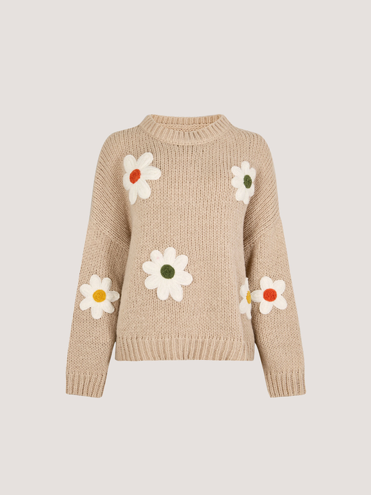 Pullover mit gestickten Gänseblümchen | Apricot