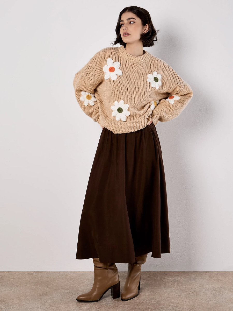 Pullover mit gestickten Gänseblümchen | Apricot
