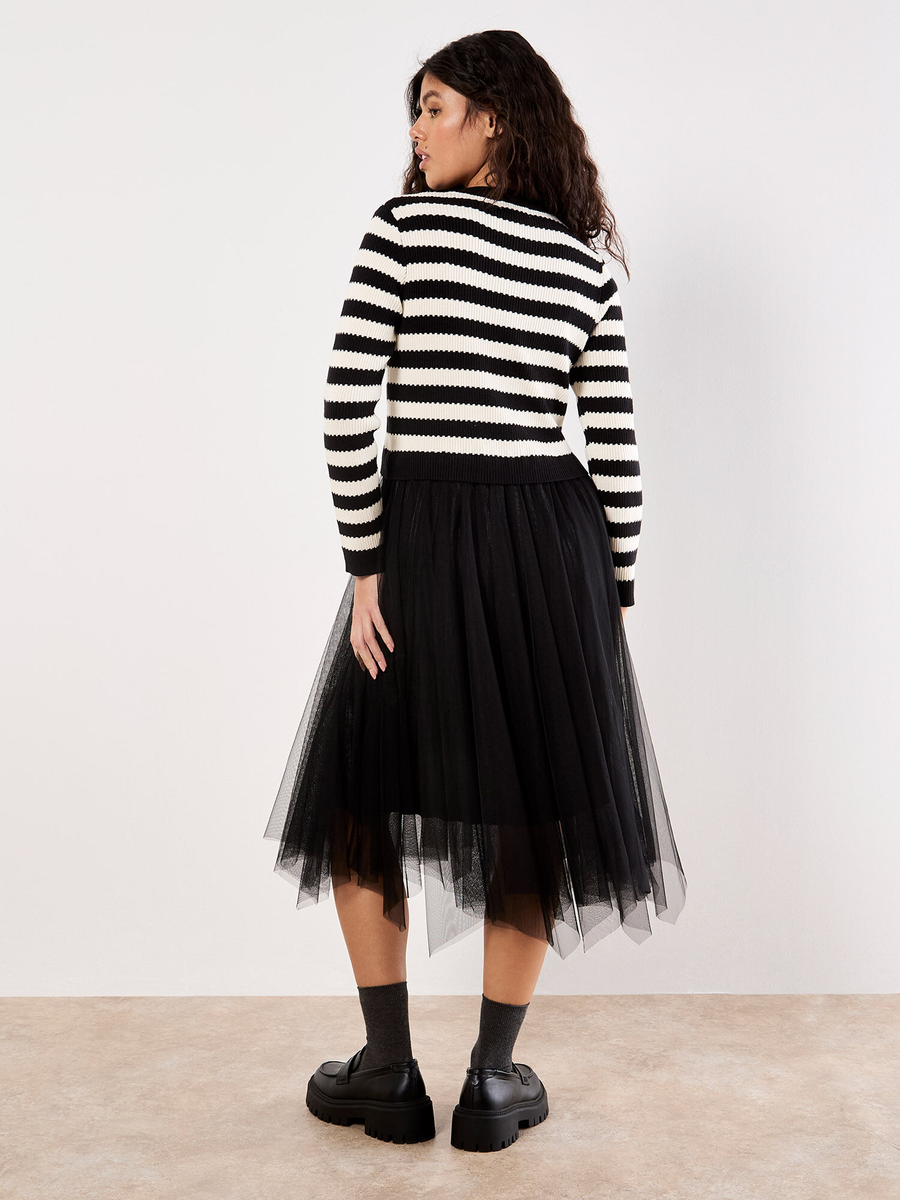 Midikleid mit gestreiftem Strickoberteil und Tüll | Apricot