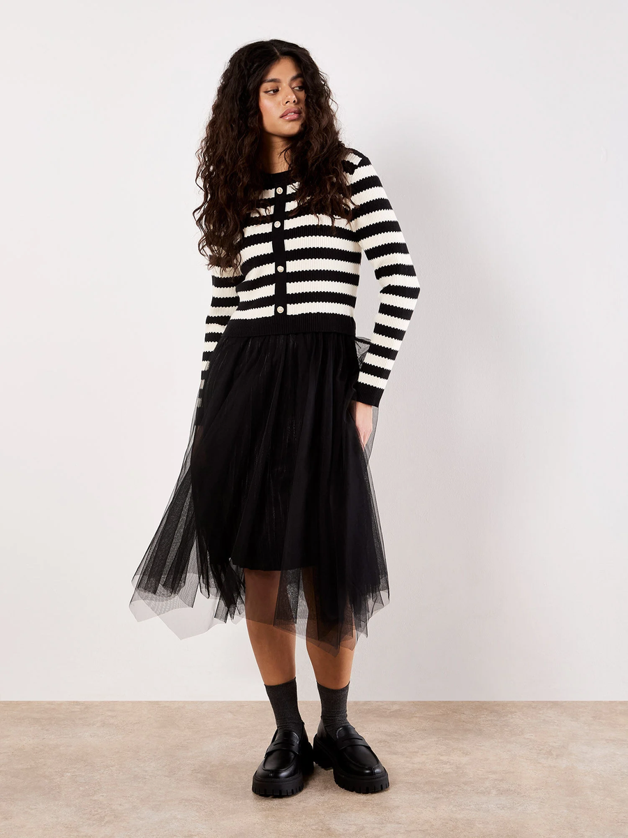 Midikleid mit gestreiftem Strickoberteil und Tüll | Apricot