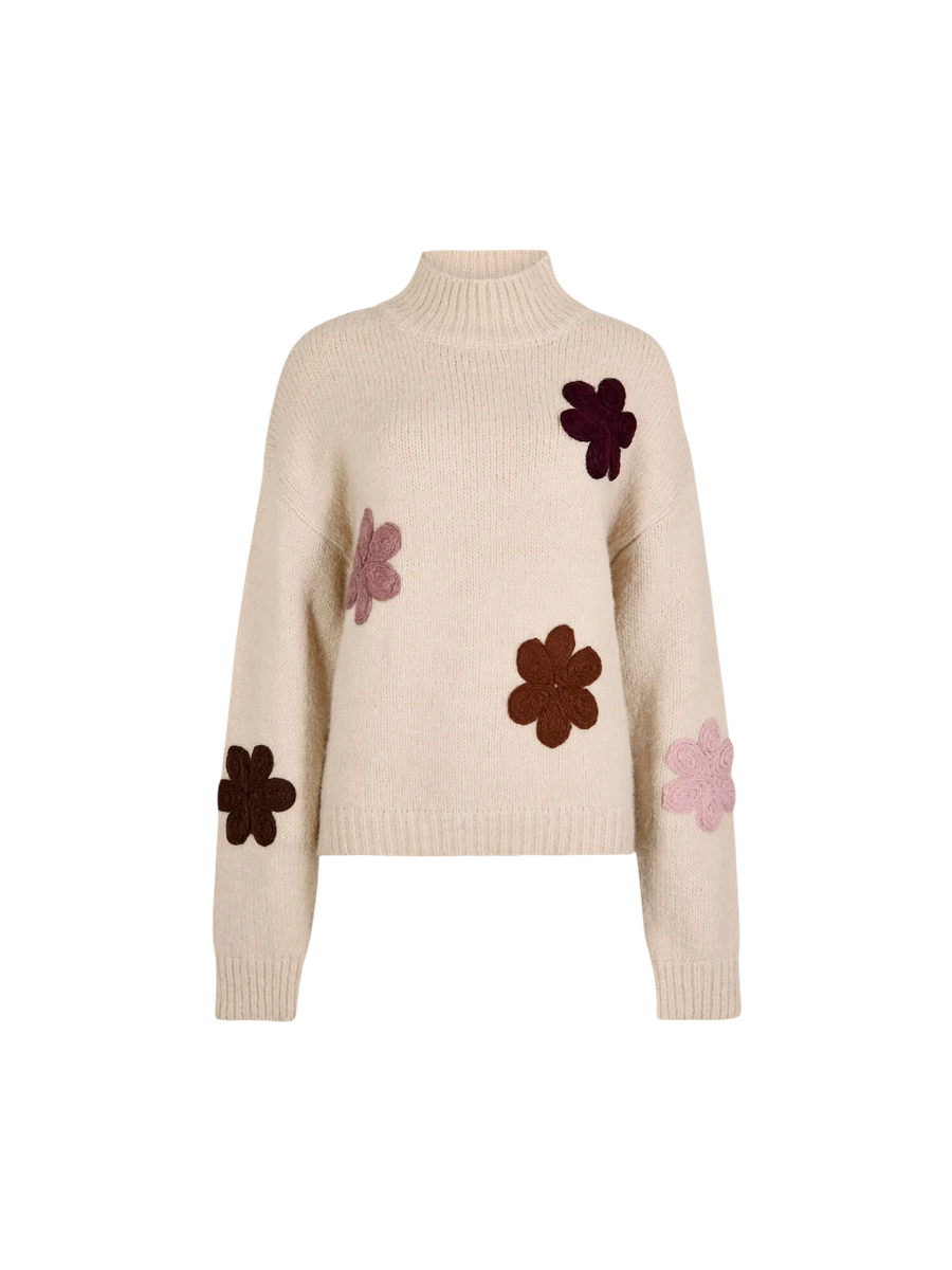 Grobstrickpullover mit Blumenstickerei | Apricot