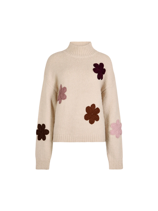 Grobstrickpullover mit Blumenstickerei | Apricot