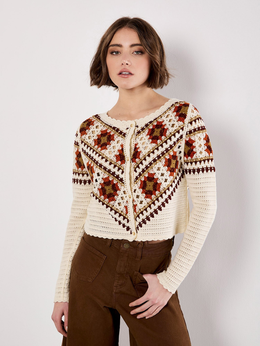 Häkelquadrat-Muschel-Cardigan | Apricot