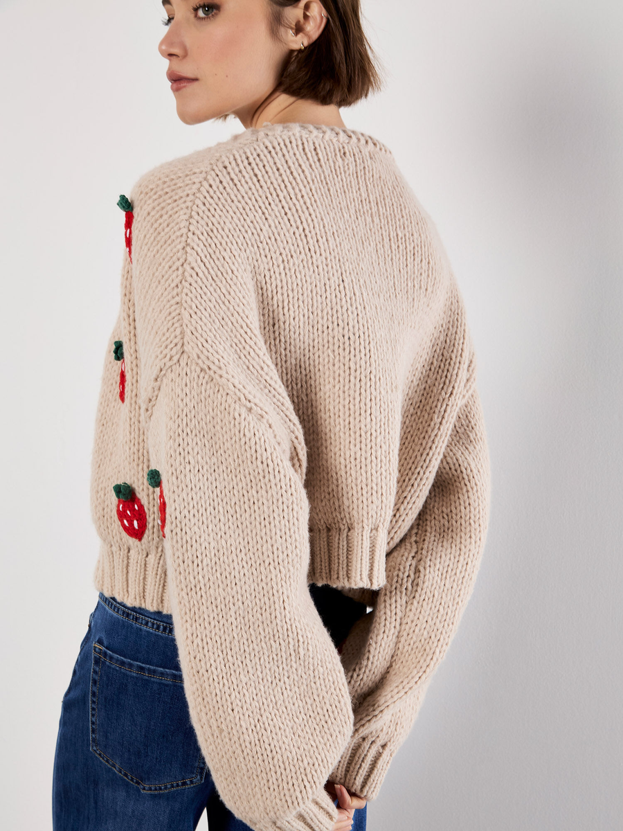 Grobstrick-Cardigan mit Erdbeermotiv | Apricot