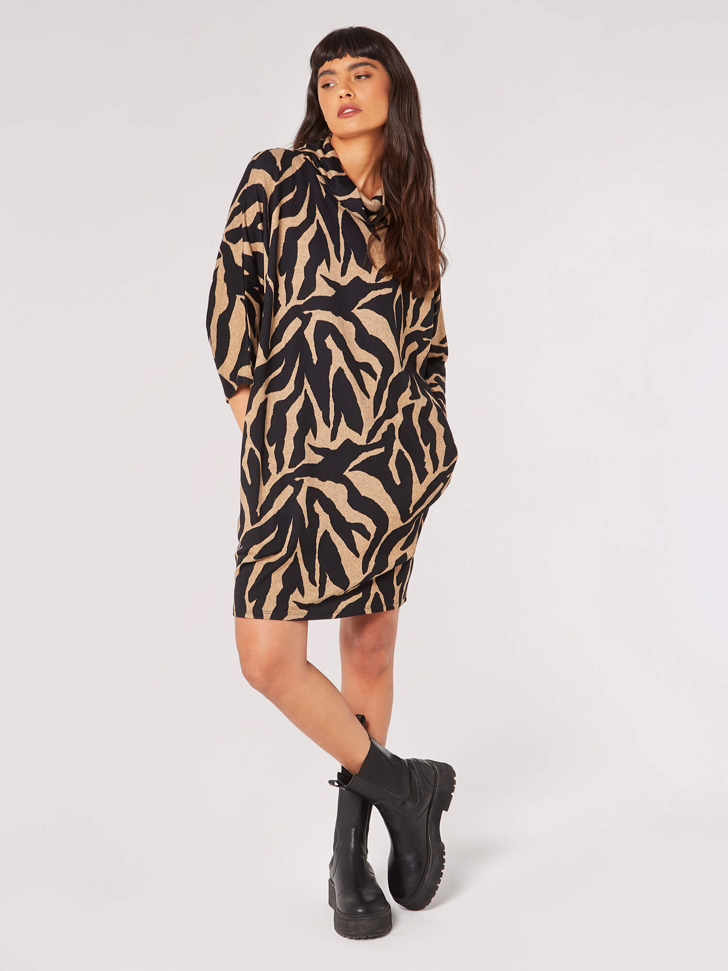 Apricot Apricot Zebra High Neck Cocoon Dres s